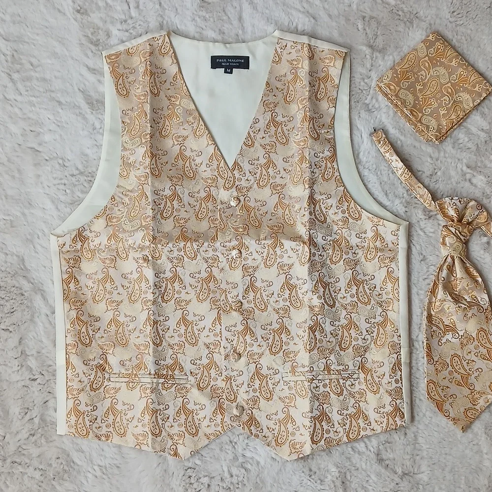 New Paul Malone Gold Paisley Tuxedo Vest Set. 3 Pc